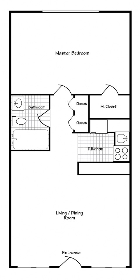 Floor plan for 1 bed, 1 bath, 634 sqft